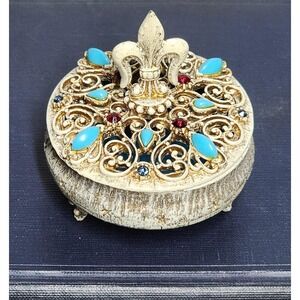 Vintage Florenza‎ Fleur de Lis Trinket Box Jeweled Turquoise Filigree Victorian